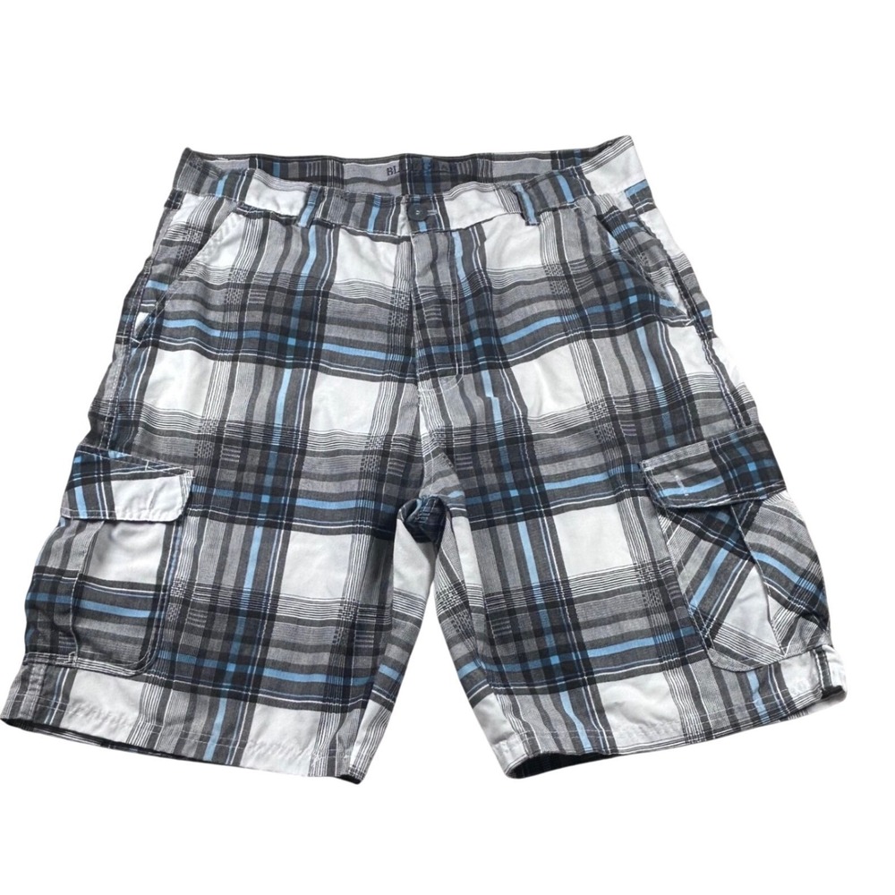 Blue Gear Mens Plaid Cargo Shorts Size 36 Blue Grey White Casual Outdoor 1380